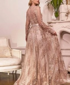 Cinderella Divine - CD233 Sheer Long Sleeve V-neck Evening Gown