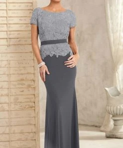 Christina Wu Elegance Short Sleeve Jeweled Lace Peplum Sheath Gown - 1 Pc Wine In Size 6 Available Formal Gowns