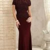 Christina Wu Elegance Short Sleeve Jeweled Lace Peplum Sheath Gown - 1 Pc Wine In Size 6 Available Formal Gowns