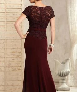 Christina Wu Elegance Short Sleeve Jeweled Lace Peplum Sheath Gown - 1 Pc Wine In Size 6 Available Formal Gowns