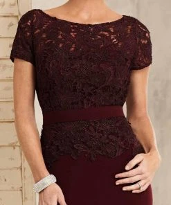 Christina Wu Elegance Short Sleeve Jeweled Lace Peplum Sheath Gown - 1 Pc Wine In Size 6 Available Formal Gowns