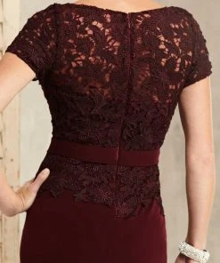 Christina Wu Elegance Short Sleeve Jeweled Lace Peplum Sheath Gown - 1 Pc Wine In Size 6 Available Formal Gowns