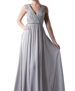 Formal Gowns Cinderella Divine - 1001 Beaded Belt Sleeveless V Neck Chiffon Empire Waist Dress - 1 Pc Silver In Size XL And 1 Pc Silver In Size 2X Available