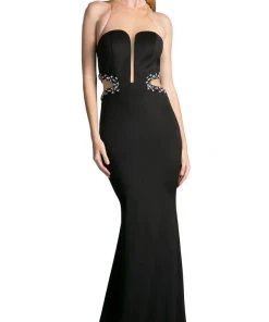 Cinderella Divine - 13162 Sheer Fitted Side Embellished Mermaid Gown