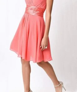 Cinderella Divine - 1490 Floral Applique Pleated Cocktail Dress Cocktail Dresses