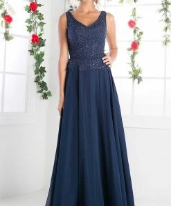Cinderella Divine - 1945 Sleeveless Lace Appliqued A-Line Long Dress Formal Gowns