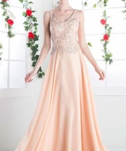 Cinderella Divine - 1945 Sleeveless Lace Appliqued A-Line Long Dress Formal Gowns