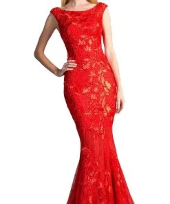 Formal Gowns Cinderella Divine - 5029 Cap Sleeve Bateau Neck Lace Mermaid Evening Gown
