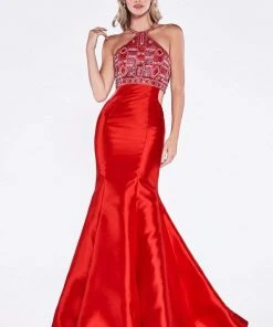 Cinderella Divine - 61894 Bead Embellished Halter Mermaid Gown Formal Gowns