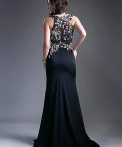 Formal Gowns Cinderella Divine - 6395 Floral Embroidered Illusion High Slit Gown