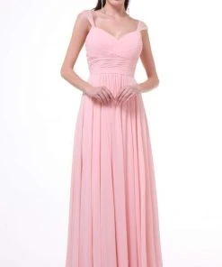 Cinderella Divine - 7461 Beaded Strap Pleated A-Line Chiffon Gown Formal Gowns
