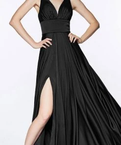 Cinderella Divine - 7469 Sleeveless V Neck Flowing Satin Gown