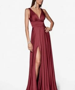 Cinderella Divine - 7469 Sleeveless V Neck Flowing Satin Gown