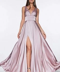 Cinderella Divine - 7469 Sleeveless V Neck Flowing Satin Gown