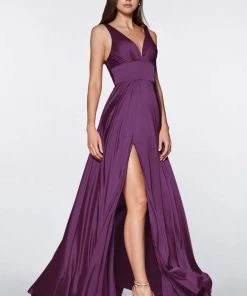 Cinderella Divine - 7469 Sleeveless V Neck Flowing Satin Gown