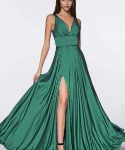 Cinderella Divine - 7469 Sleeveless V Neck Flowing Satin Gown