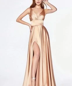 Cinderella Divine - 7469 Sleeveless V Neck Flowing Satin Gown