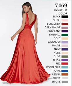 Cinderella Divine - 7469 Sleeveless V Neck Flowing Satin Gown