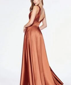 Cinderella Divine - 7469 Sleeveless V Neck Flowing Satin Gown