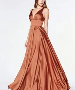 Cinderella Divine - 7469 Sleeveless V Neck Flowing Satin Gown