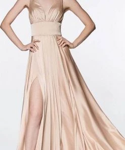 Cinderella Divine - 7469 Sleeveless V Neck High Slit Satin Gown 13 Cinderella Divine - 7469 Sleeveless V Neck High Slit Satin Gown