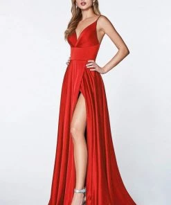 Cinderella Divine - 7472 Spaghetti Straps V Neck Wrap Satin Gown 37 Cinderella Divine - 7472 Spaghetti Straps V Neck Wrap Satin Gown