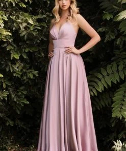 Cinderella Divine - 7472 Spaghetti Straps V Neck Wrap Satin Gown