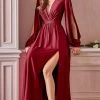 Cinderella Divine - 7475 Plunging V Neck High Slit Long Dress Formal Gowns