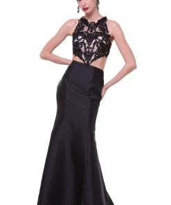 Cinderella Divine - 7640 Beaded Lace Halter Neck Satin Trumpet Dress