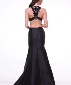 Cinderella Divine - 7640 Beaded Lace Halter Neck Satin Trumpet Dress 6 Cinderella Divine - 7640 Beaded Lace Halter Neck Satin Trumpet Dress