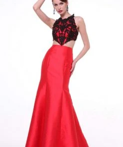 Cinderella Divine - 7640 Beaded Lace Halter Neck Satin Trumpet Dress 7 Cinderella Divine - 7640 Beaded Lace Halter Neck Satin Trumpet Dress