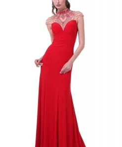 Formal Gowns Cinderella Divine - 8105 Beaded High Neck Stretch Knit Sheath Dress