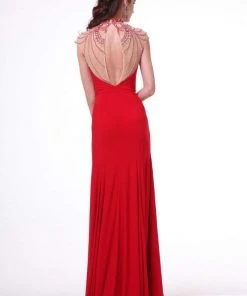 Formal Gowns Cinderella Divine - 8105 Beaded High Neck Stretch Knit Sheath Dress