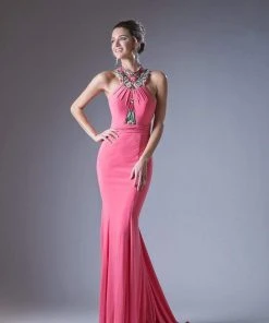 Cinderella Divine - 83964 Floral Embroidered Illusion High Neck Gown Formal Gowns