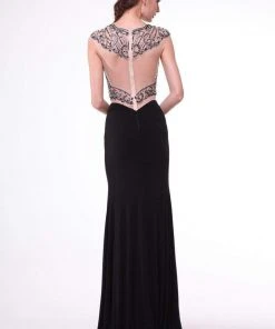 Cinderella Divine - 8786 Beaded Illusion Sheath Dress With Slit