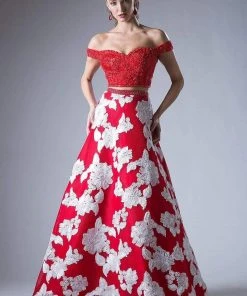 Cinderella Divine - 8945 Beaded Lace Bodice Floral A-Line Gown Formal Gowns