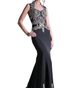Cinderella Divine - 8946 Embroidered Queen Anne Neck Sheath Dress Formal Gowns