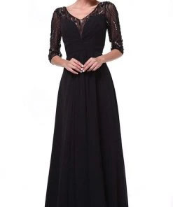 Cinderella Divine - 967 Sheer Quarter Length Sleeve Ruched A-line Dress