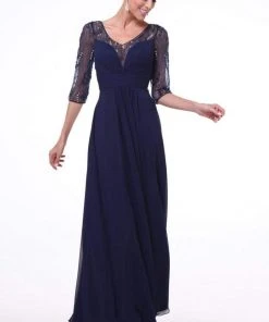 Cinderella Divine - 967 Sheer Quarter Length Sleeve Ruched A-line Dress 7 Cinderella Divine - 967 Sheer Quarter Length Sleeve Ruched A-line Dress