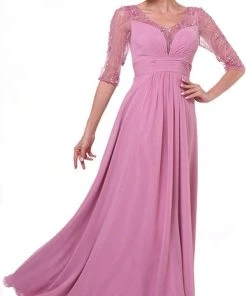 Cinderella Divine - 967 Sheer Quarter Length Sleeve Ruched A-line Dress 9 Cinderella Divine - 967 Sheer Quarter Length Sleeve Ruched A-line Dress