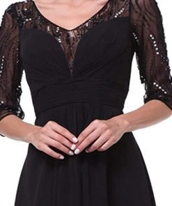 Cinderella Divine - 967 Sheer Quarter Length Sleeve Ruched A-line Dress 8 Cinderella Divine - 967 Sheer Quarter Length Sleeve Ruched A-line Dress