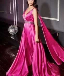 Cinderella Divine - A0065 Satin High Slit Caped Evening Gown