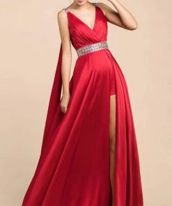Cinderella Divine - A0065 Satin High Slit Caped Evening Gown