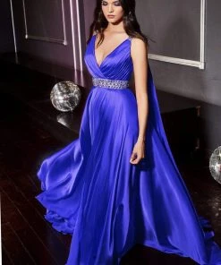 Cinderella Divine - A0065 Satin High Slit Caped Evening Gown