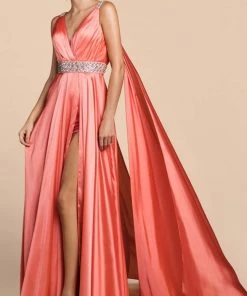 Cinderella Divine - A0065 Satin High Slit Caped Evening Gown