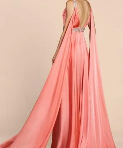 Cinderella Divine - A0065 Satin High Slit Caped Evening Gown