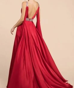 Cinderella Divine - A0065 Satin High Slit Caped Evening Gown