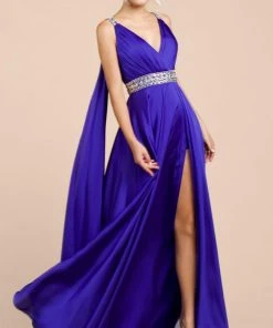 Cinderella Divine - A0065 Satin High Slit Caped Evening Gown
