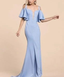 Cinderella Divine - A0079 Cold Off-Shoulder Flair Sleeves Mermaid Gown Formal Gowns 16 Cinderella Divine - A0079 Cold Off-Shoulder Flair Sleeves Mermaid Gown Formal Gowns