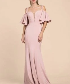 Cinderella Divine - A0079 Cold Off-Shoulder Flair Sleeves Mermaid Gown Formal Gowns 14 Cinderella Divine - A0079 Cold Off-Shoulder Flair Sleeves Mermaid Gown Formal Gowns